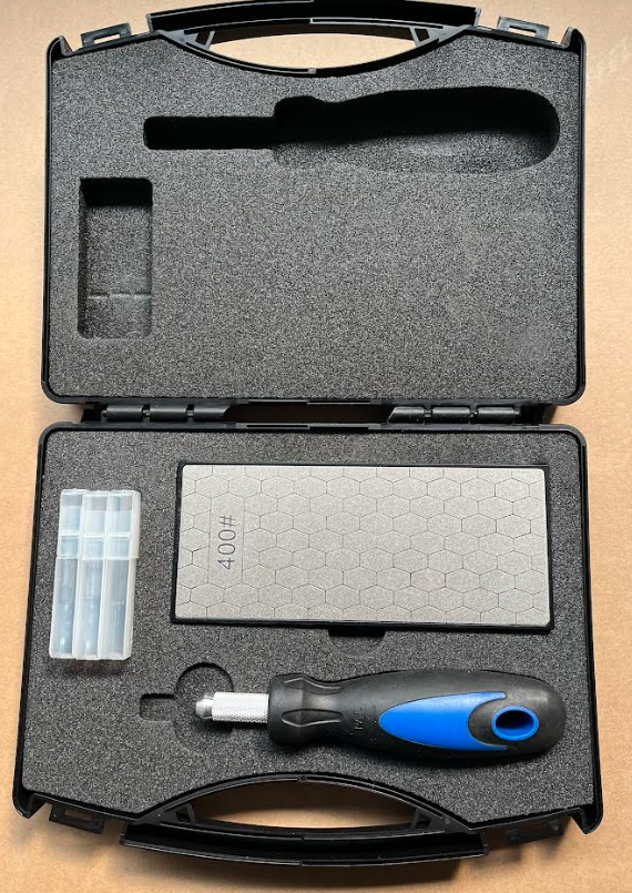 Chisel Set - Small  Cut Back in Case + 30 Various Blades (Sizes 12,16,20mm) & Double Sided Sharpening WhetStone 400/1000