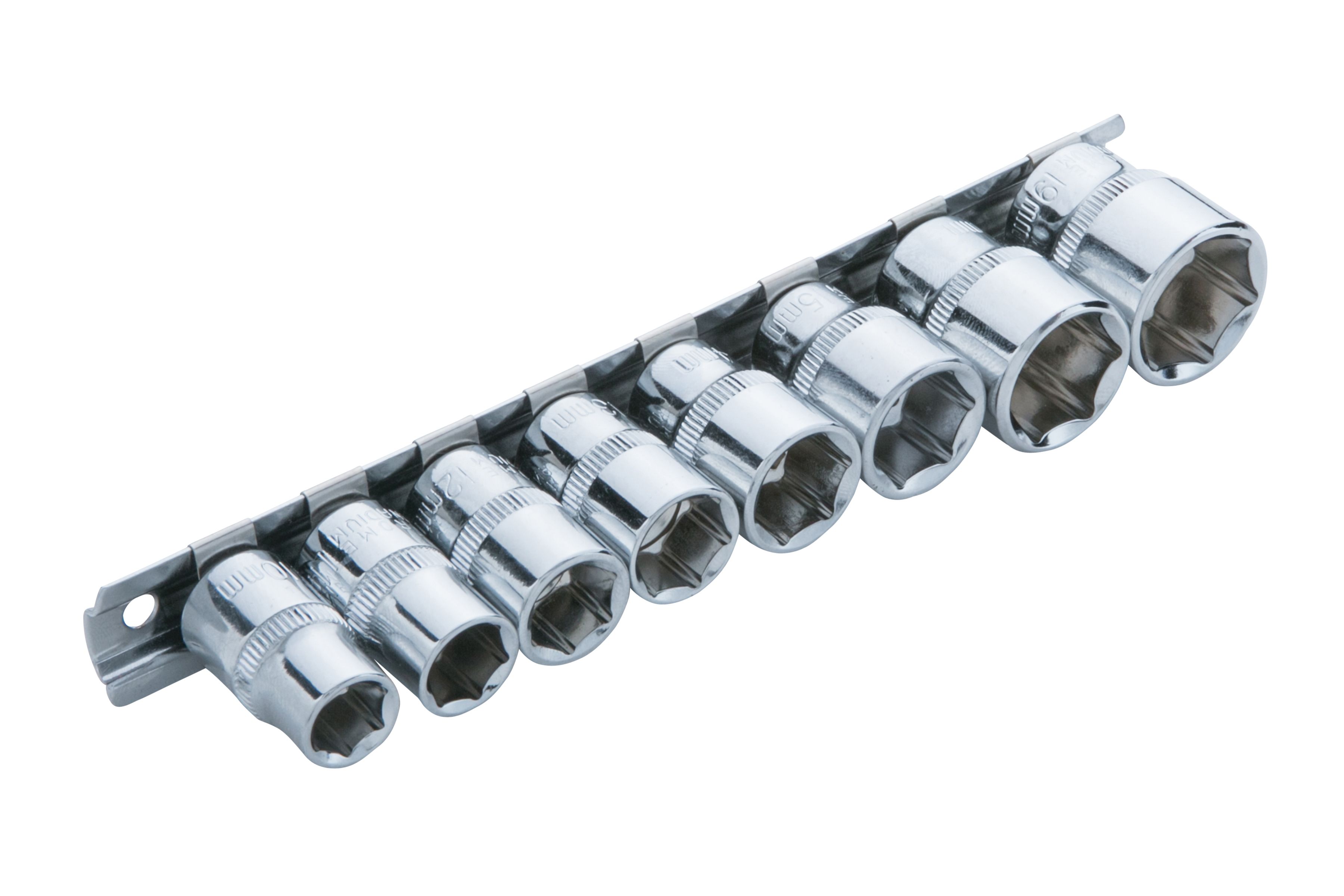 3/8" Short Drive 8--pce Metric Socket Set + Rail (10-19mm)